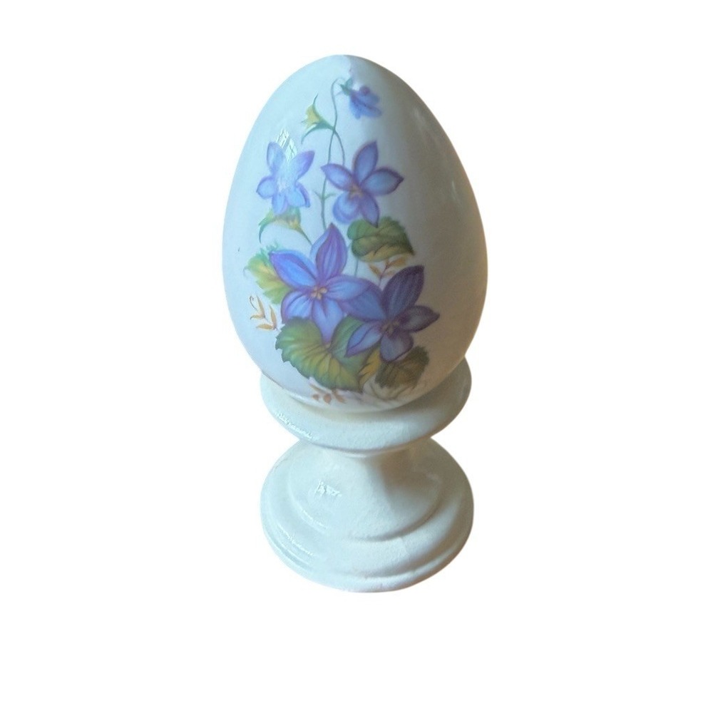 Vintage Hand Painted Porcelain Easter Egg Purple Violet Flowers with Stand DEB